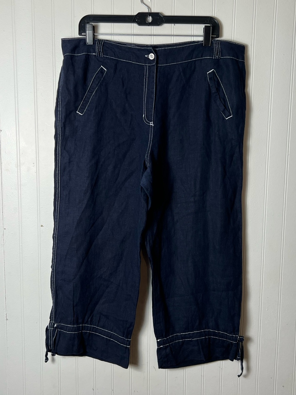 Chico's Linen Capri Pants Women Large (2) Navy Portside Leeward Drawstring Hem
